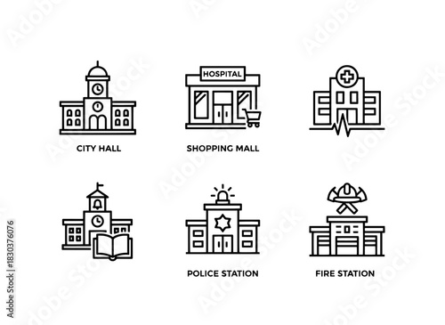 City Hall Shopping Mall Hospital School Police Station Fire Station Minimal Bold Line Icons