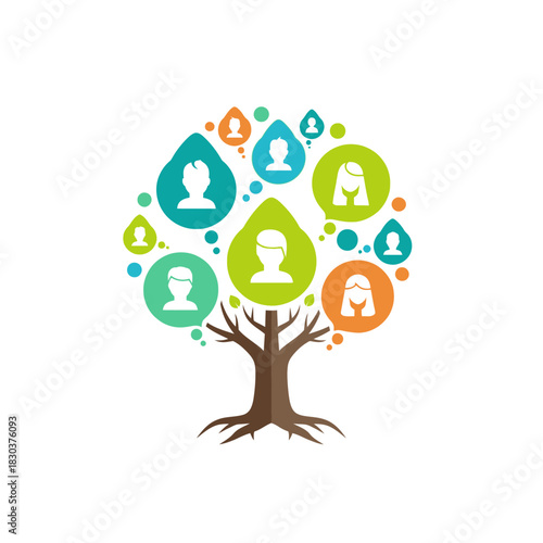 Stylized tree with colorful circles and teardrop shapes containing diverse people silhouettes, representing community and connection.