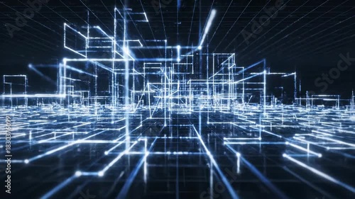 Abstract digital city grid simulation. Futuristic technology virtual network and data communication concept.