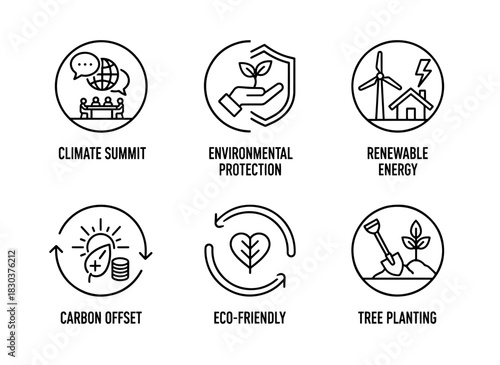 Climate Summit Environmental Protection Renewable Energy Carbon Offset Eco Friendly Minimal Bold Line Icons