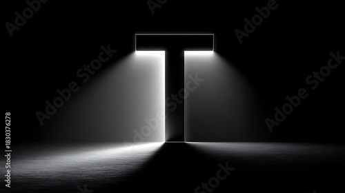 Fototapeta Naklejka Na Ścianę i Meble -  Illuminated doorway with light beams on dark textured floor. abstract concept. 3D render