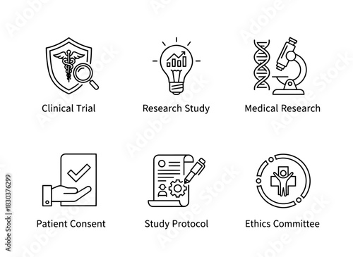Clinical Trial Research Study Medical Research Patient Consent Study Protocol Ethical Approval Minimal Bold Line Icons
