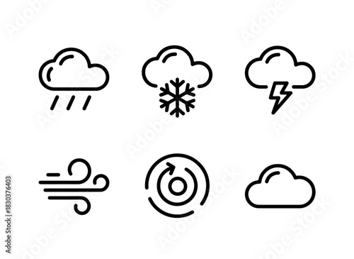 Cloud Rain Snowflake Thunderstorm Wind Hurricane Minimal Bold Line Icon Set
