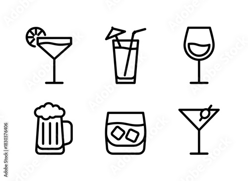 Cocktail Mocktail Wine Glass Beer Mug Whiskey Glass Martini Glass Minimal Bold Icon Set