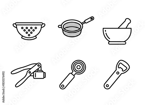 Colander Sieve Mortar and Pestle Garlic Press Can Opener Bottle Opener Minimal Bold Icon Set