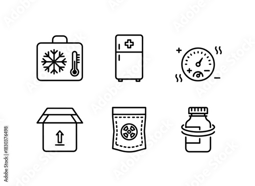 Cold Storage Medicine Refrigerator Temperature Monitor Storage Box Sterile Packaging Minimal Bold Icon Set