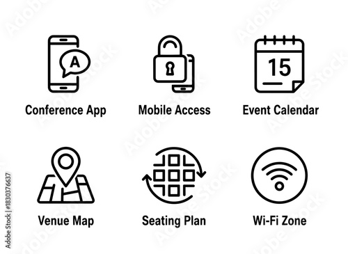 Conference App Mobile Access Event Calendar Venue Map Seating Plan Wi Fi Zone Minimal Bold Icon Set