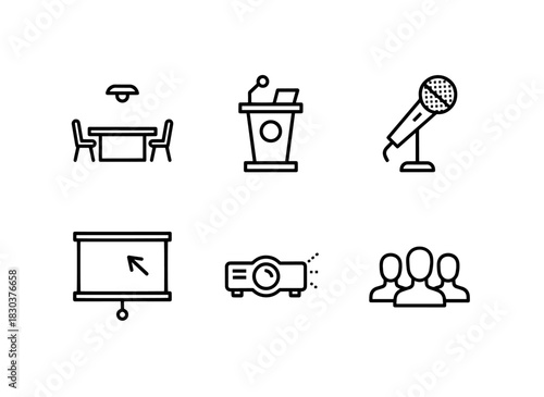 Conference Room Speaker Podium Microphone Presentation Screen Projector Audience Minimal Bold Icon Set