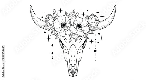 Detailed line art illustration of a mystical bull skull adorned with a blooming floral crown and celestial elements like stars and dotted lines.