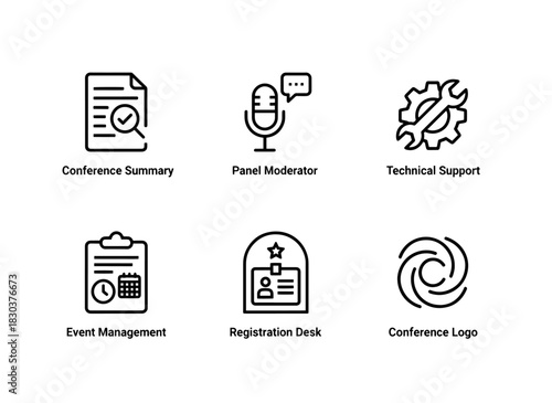 Conference Summary Panel Moderator Technical Support Event Management Registration Minimal Bold Icon Set