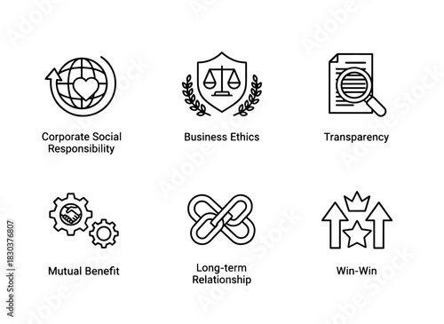 Corporate Social Responsibility Business Ethics Transparency Mutual Benefit Long Term Minimal Bold Icon Set