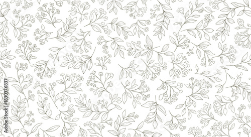 Seamless botanical pattern featuring delicate sketched branches with leaves and small flowers, rendered in a subtle, textured monochrome style.