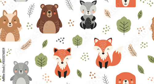 Sweet baby forest animals seamless pattern with cute bears, foxes, raccoons, and squirrels, perfect for nursery decor.