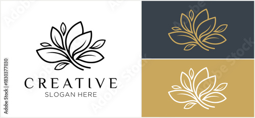 An elegant logo design featuring a stylized floral or leaf arrangement in a minimalist line art style, shown in three color variations.