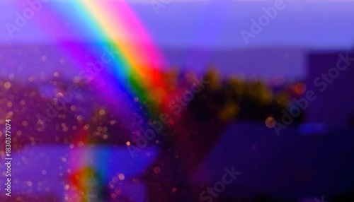 A vibrant rainbow shines through, creating a colorful prism effect over a blurred cityscape.