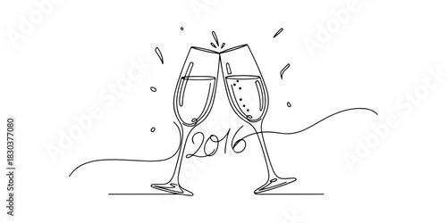Continuous one line of a two glasses toasting, representing the global celebration of New Year's Eve 2016, celebration theme, hand drawn vector illustration.