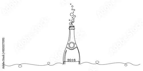 Continuous one line of a champagne bottle with bubbles celebrating new year 2016, celebration theme, hand drawn vector illustration.