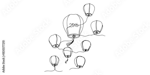 Continuous one line of a new year's eve flying lantern, symbol of hope 2016, celebration theme, hand drawn vector illustration.