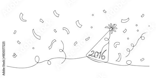 Continuous one line of a party confetti flying, celebrating new year 2016, celebration theme, hand drawn vector illustration.