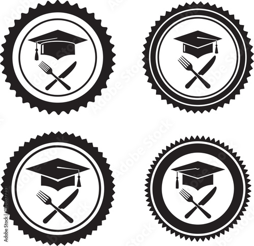 Four graduation cap and cutlery emblem silhouette