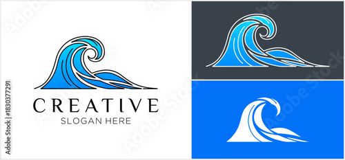 Artistic logo design featuring stylized blue ocean waves with variations on background colors.