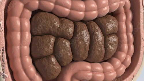 Medical Illustration of Intestinal Blockage Showing Fecal Impaction Within the Colon Lumen With Surrounding Intestine Wall Detailed View