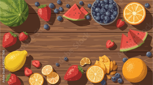 A vibrant arrangement of fresh summer fruits including watermelon, strawberries, blueberries, oranges, and lemons scattered on a wooden surface.