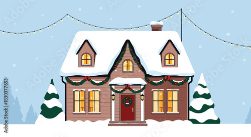 A cozy, snow-covered house decorated with festive lights and garlands, radiating warmth during a gentle winter snowfall.