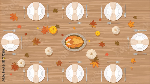 A beautifully set Thanksgiving dinner table with a roasted turkey, pumpkins, and autumn leaves on a wooden surface.