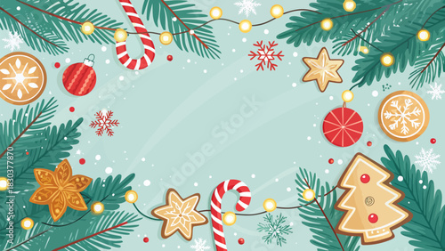 Christmas a festive christmas background with gingerbread cookies ornaments and candy canes decor
