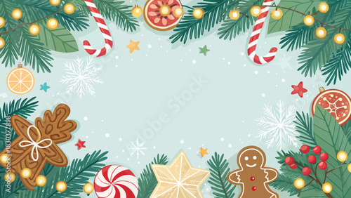 Christmas christmas themed frame with gingerbread cookies and candy canes and pine branches art