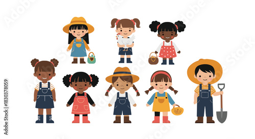 A diverse group of cheerful cartoon children, dressed as young farmers and gardeners, holding various farm animals and tools.
