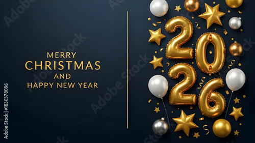 Festive merry christmas and happy new year with balloons and stars on a dark blue background