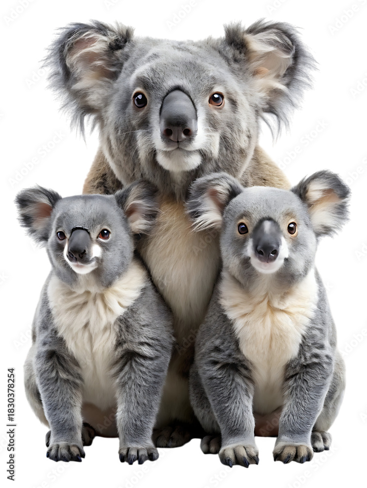 Obraz premium Adorable koala family with a mother and two joeys sitting closely together, showcasing their fluffy grey fur and gentle expressions, isolated on a clean background.