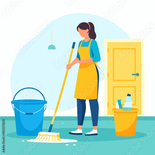 flat vector illustration of a woman mopping the floor