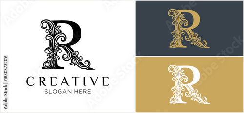 Three variations of a decorative letter R logo, featuring ornate floral embellishments and different color schemes.