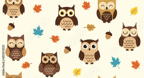 Cute cartoon owls, autumn leaves, and acorns create a delightful seamless pattern, perfect for seasonal designs and fall-themed projects.