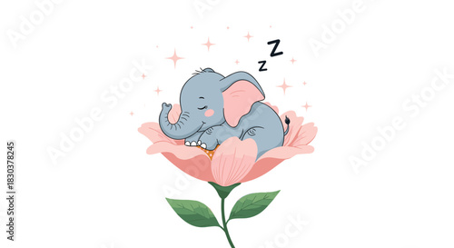 Sweet baby elephant dreams peacefully while nestled in a soft pink flower, whimsical illustration with twinkling stars and slumber symbols.