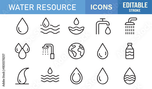 Stylish Minimal Icons for Water Conservation Featuring Purity Symbols, Faucets, Hydration Drops, Showers, and Environmental Elements