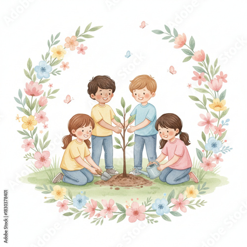 A heartwarming illustration of four children planting a young tree, showing teamwork and care for nature