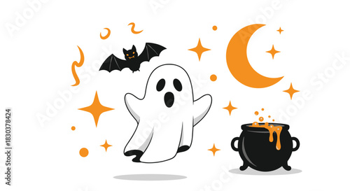 Adorable Halloween graphic showcasing a spooky ghost, flying bat, crescent moon, and bubbling cauldron with stars and festive swirls.