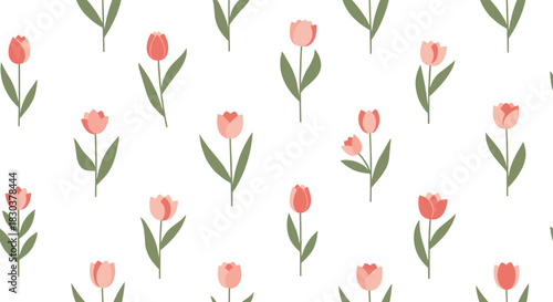 Delightful seamless pattern showcasing stylized pink and red tulips with green foliage against a crisp white backdrop, perfect for spring and floral themes.