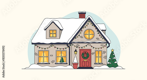 A charming illustration of a snow-covered house adorned with festive Christmas lights, a wreath, and a decorated tree, creating a cozy winter holiday scene.