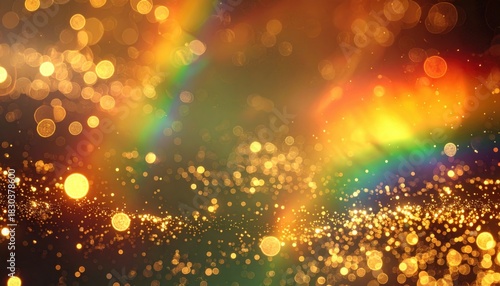 Abstract artwork featuring a vibrant rainbow and sparkling golden bokeh.