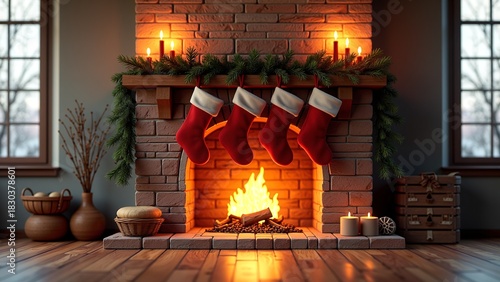 Cozy and warm Christmas fireplace scene with stockings hanging and a roaring fire, adorned with festive garland and candles, evoking a sense of holiday cheer and family gathering during winter