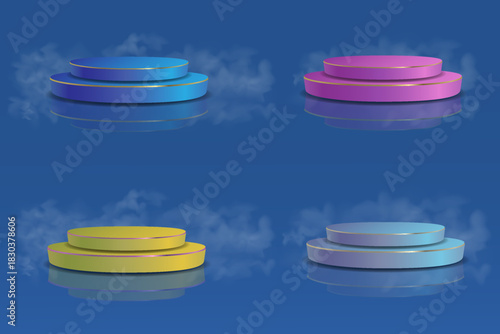 Collection of colorful podiums and stages with reflections and fog. Vector illustration.