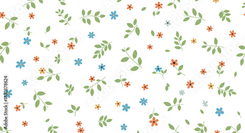 Delicate floral seamless pattern featuring tiny colorful flowers and fresh green leaves scattered on a pristine white backdrop.
