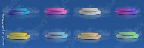 Collection of colorful podiums and stages with reflections and fog. Vector illustration.