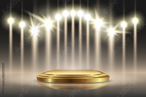 Premium podium with bright golden spotlights for advertising displays.