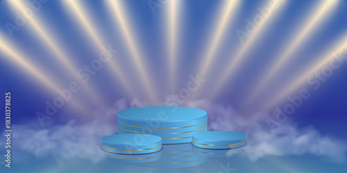 Illuminated blue pedestal with soft fog.